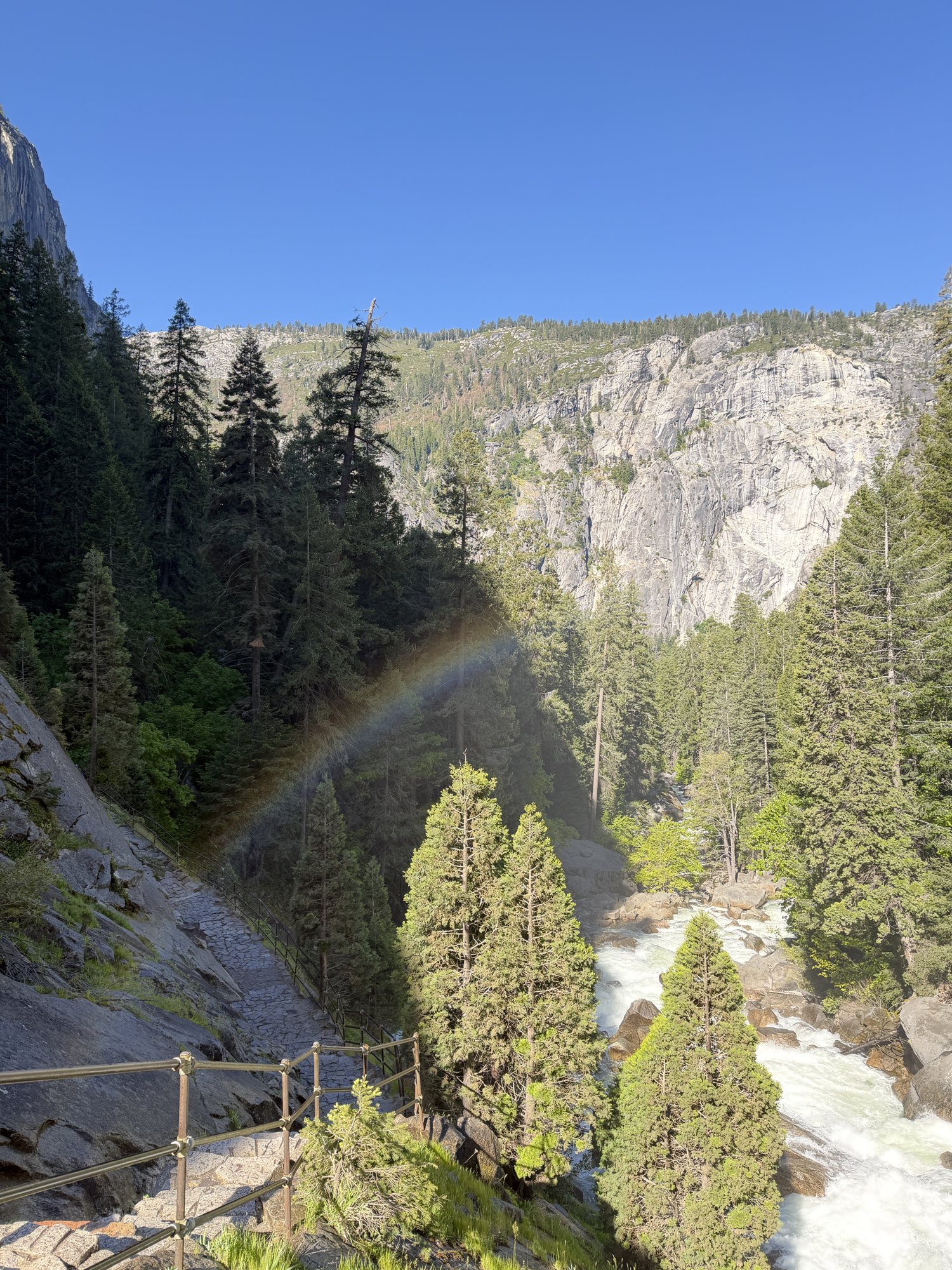 A rainbow arcing through the spray beside the Mist Trail in Yosemite