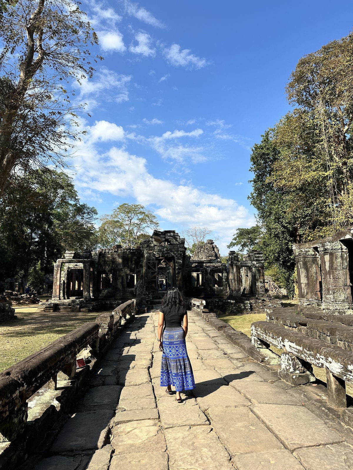A woman walking along a raised stone causeway toward a ruined temple, trees on either side