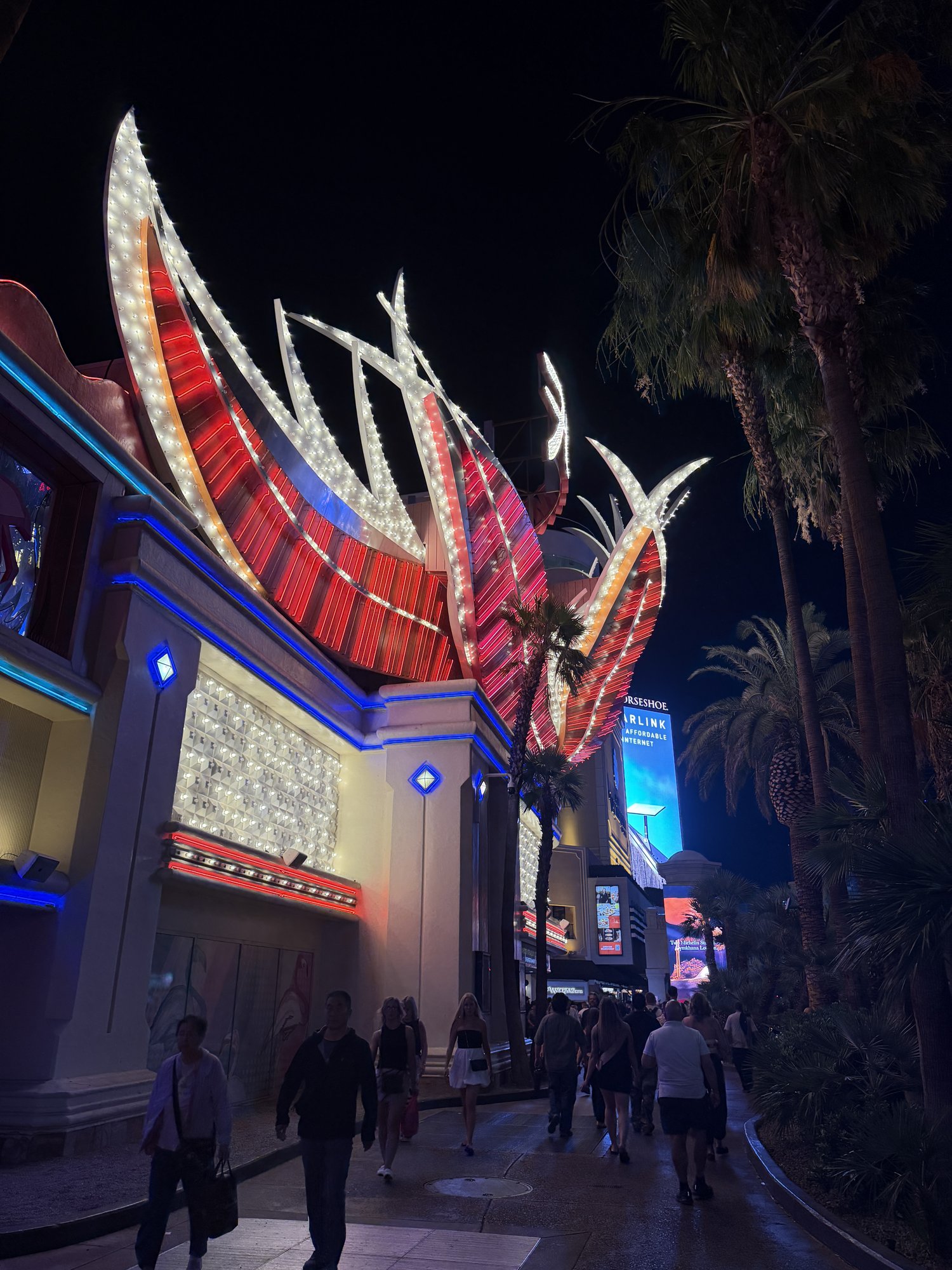 Neon signs along the Las Vegas Strip at night