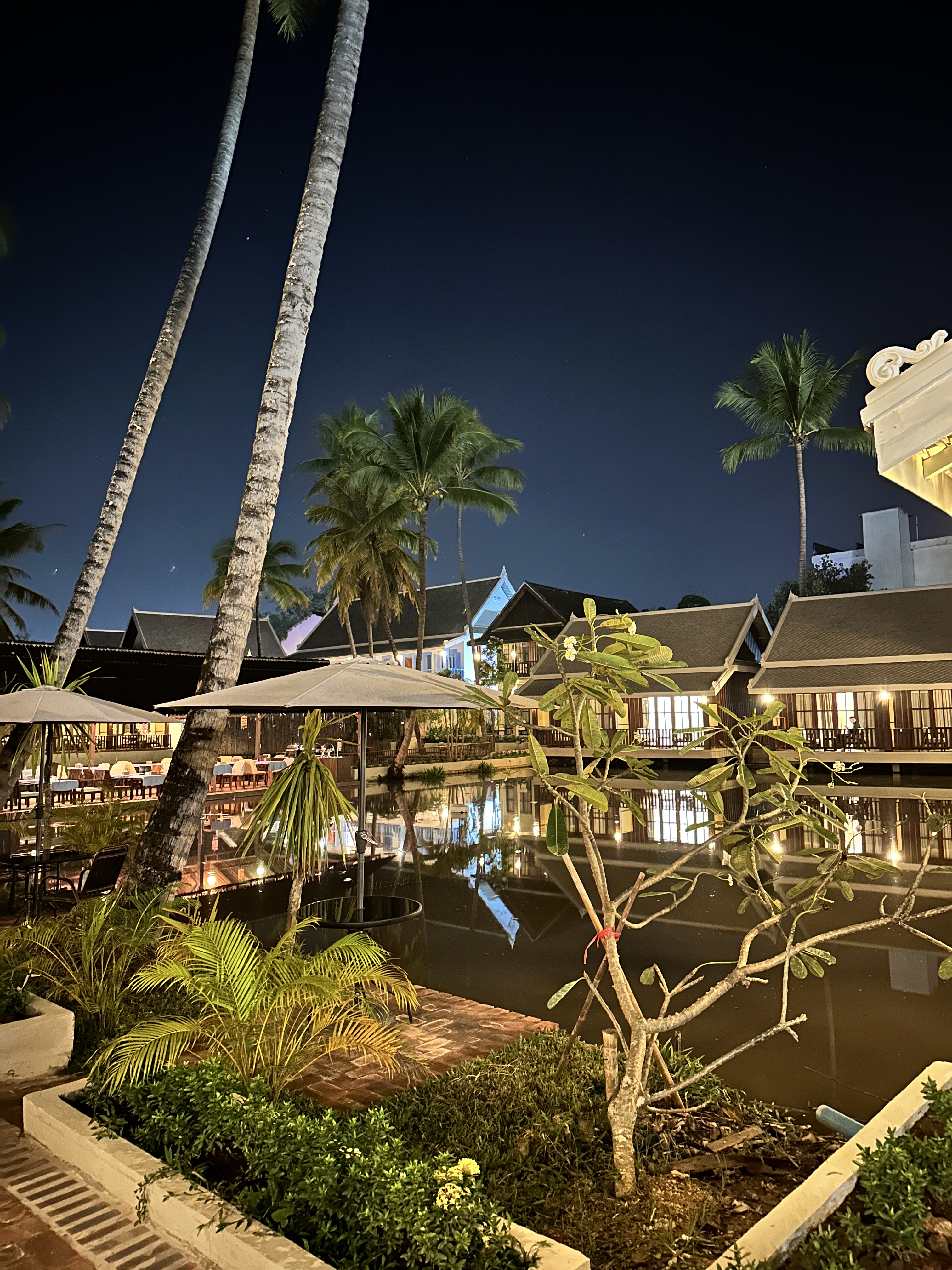 A Lao-style hotel courtyard in Luang Prabang at night, with palms, a still pool and tiered roofs lit from within