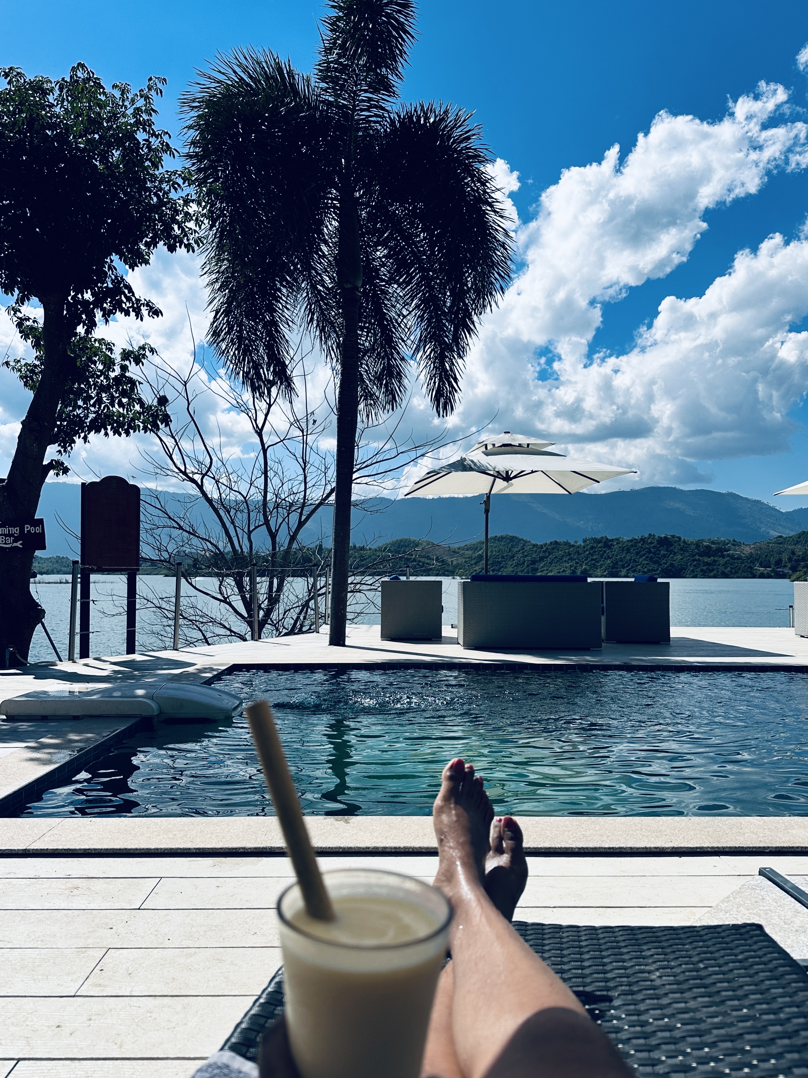 A pool beside Nam Ngum lake with a palm tree, umbrellas and green hills across the water