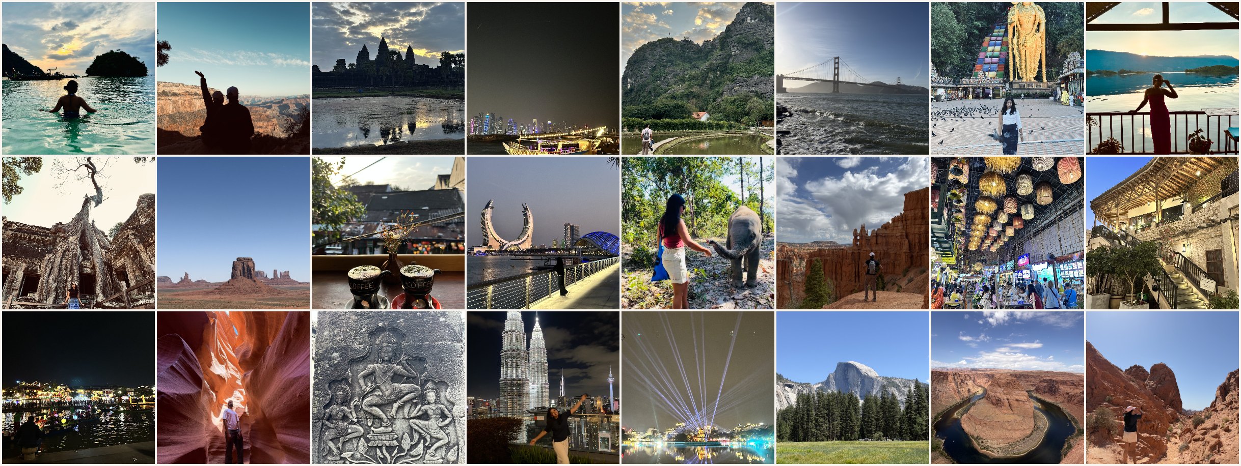 A mosaic of travel photographs from Thailand, Laos, Vietnam, Cambodia, Malaysia, Qatar and the United States