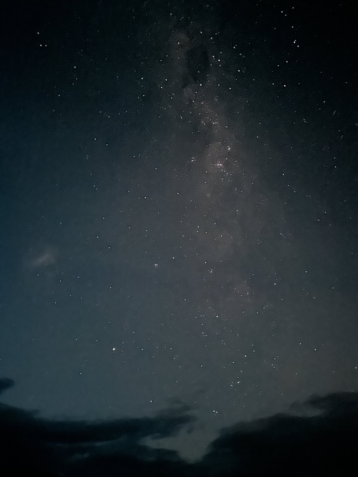 The Milky Way arching across a black sky full of stars above a dark horizon