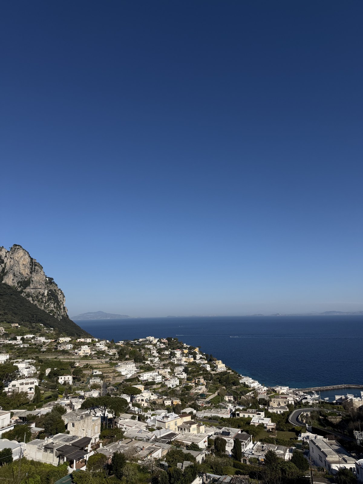 White houses of Capri spilling down a green hillside above a deep blue sea, with cliffs on the left