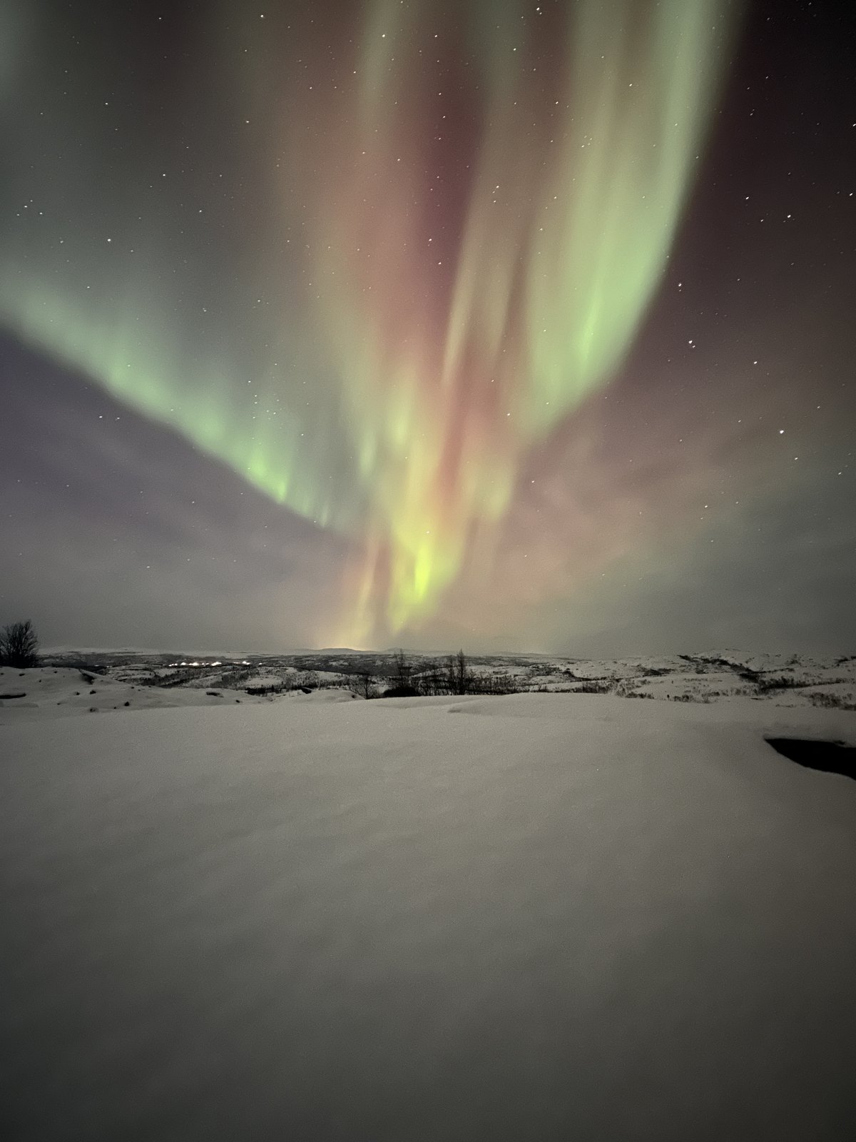A narrow band of green aurora stretched across a starry sky above a dark snowy ridge