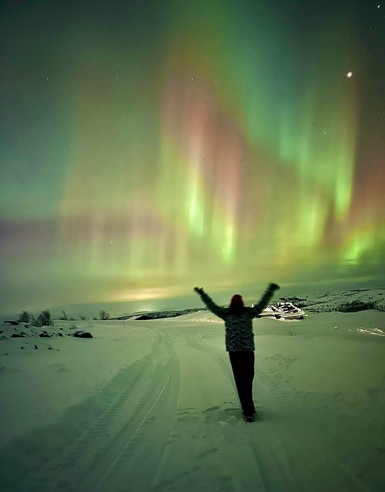A person standing on a snowy track with arms raised beneath a vast green aurora