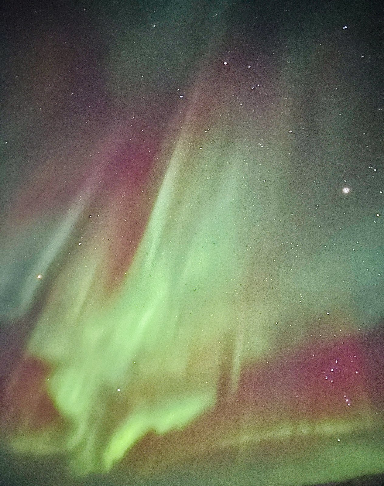 Green and pink aurora rays converging overhead with stars visible through them