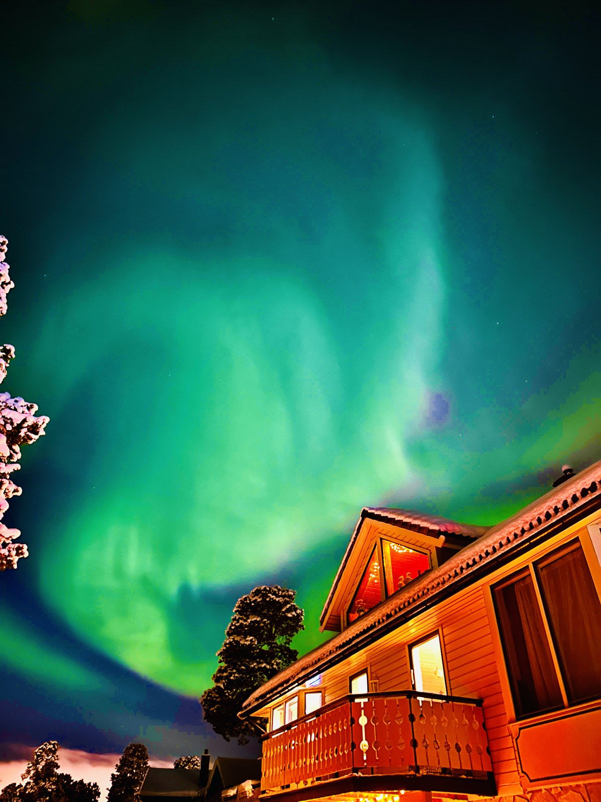A green aurora arc above houses and street lights in Alta at night