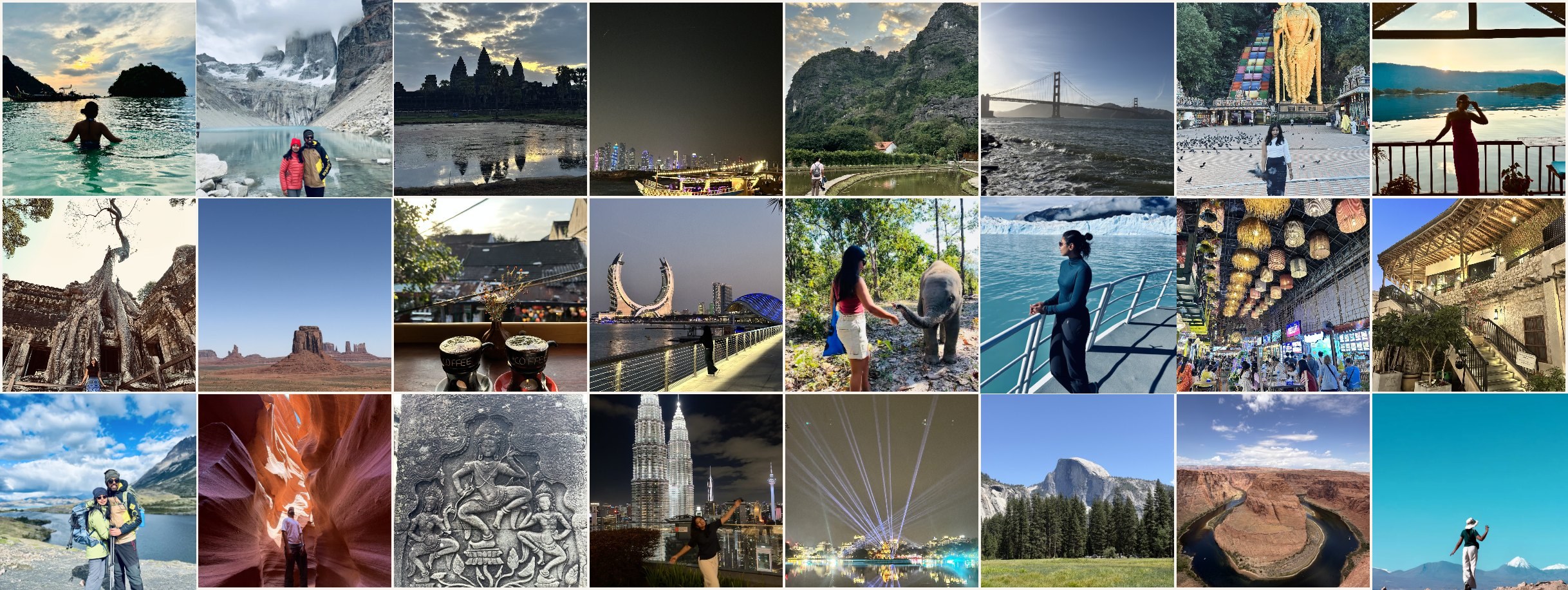 A mosaic of travel photographs from Europe, Thailand, Laos, Vietnam, Cambodia, Malaysia, Qatar, the United States, Argentina and Chile